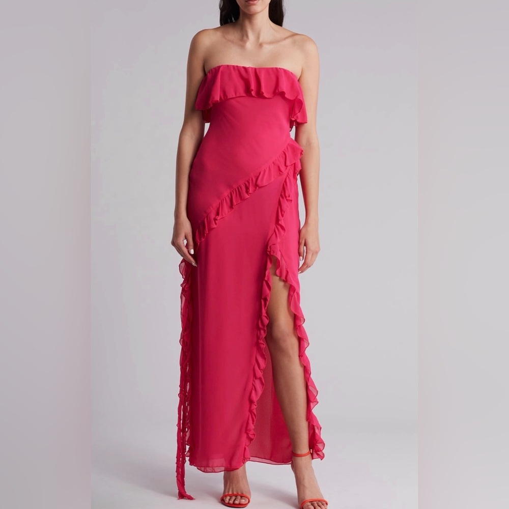 Know One Cares Hot Pink Strapless Ruffle Maxi Dress‎